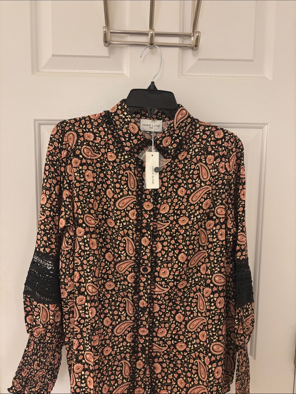 Miss June: Black & Peach Paisley Button-Up Blouse